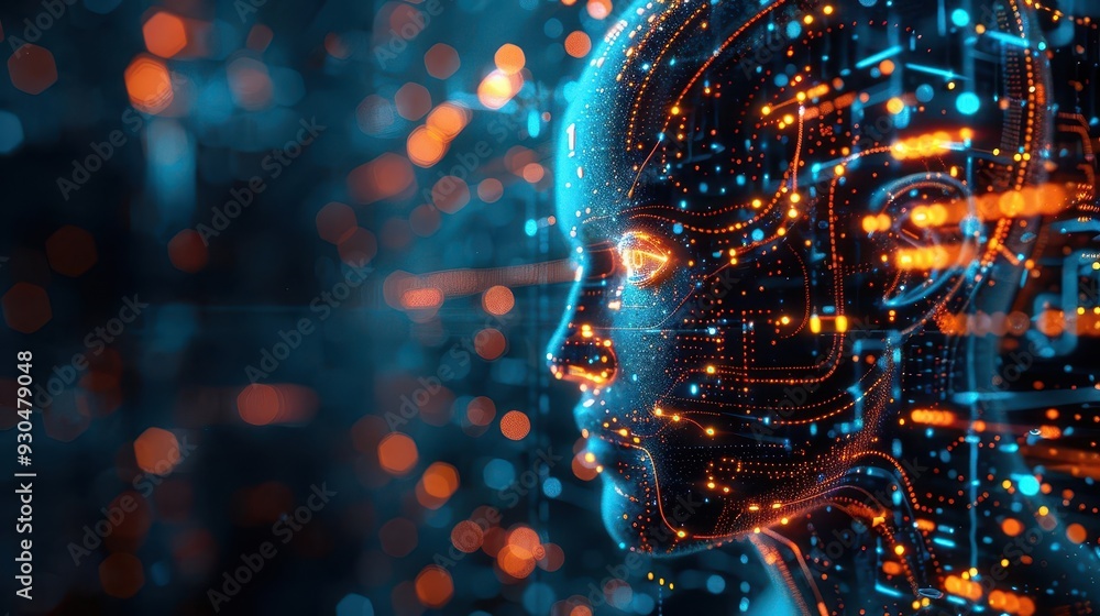 Poster futuristic digital portrait of an artificial intelligence concept, featuring vibrant lights and intr