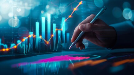 A hand holding a pen hovers over a digital chart with graphs and data visualizations, making it suitable for concepts related to finance, analysis, stock market, or business growth,