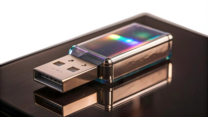 Holographic USB Drive on Glossy Platform - Modern Data Storage Technology Concept with Glowing Accents on White Background