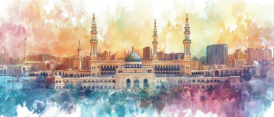 Watercolor hand draw The Masjid al-Haram in Mecca Saudi Arabia