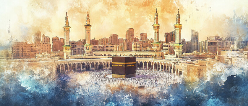 Watercolor hand draw The Masjid al-Haram in Mecca Saudi Arabia