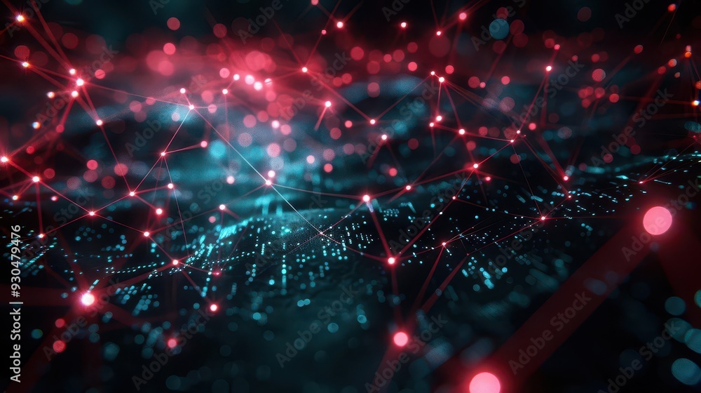 Poster a mesmerizing digital landscape showcasing interconnected nodes and vibrant particles in red and blu