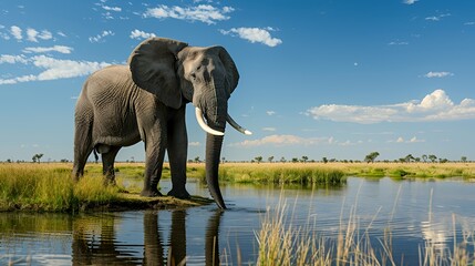 Fototapeta premium An elephant stands near a water body in a serene, natural landscape.