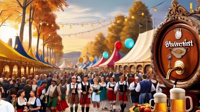 Oktoberfest Celebration with People, Beer, and Festive Decorations
