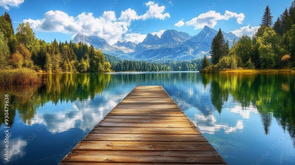 Poster Serene Mountain Lake with Wooden Dock and Reflections - A tranquil scene of a mountain lake with a wooden dock extending into the water, surrounded by lush greenery. The reflection of the sky, clouds,