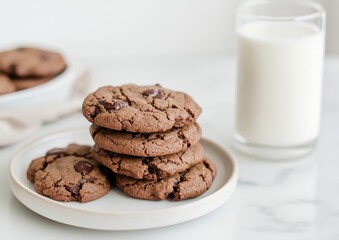 Warm Freshly Baked Chocolate Cookies with Cold Milk in Cozy Kitchen During Afternoon, Emphasizing Comfort and Indulgence
