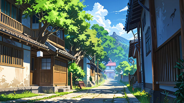 Fototapeta Idyllic Countryside Road, nature background wallpaper, anime illustration drawing,