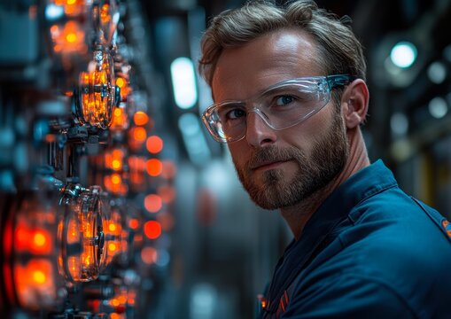 A focused man wearing safety glasses and a blue uniform stands in an industrial plant, with illuminated control panels featuring orange lights in the background