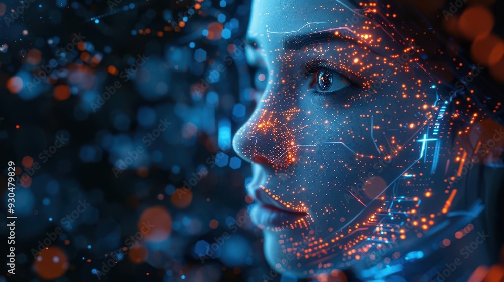 Poster futuristic portrait of a woman with digital circuitry and glowing particles, representing technology