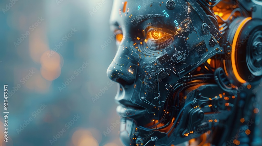 Poster a futuristic robot face with glowing elements, showcasing advanced technology and intricate circuitr