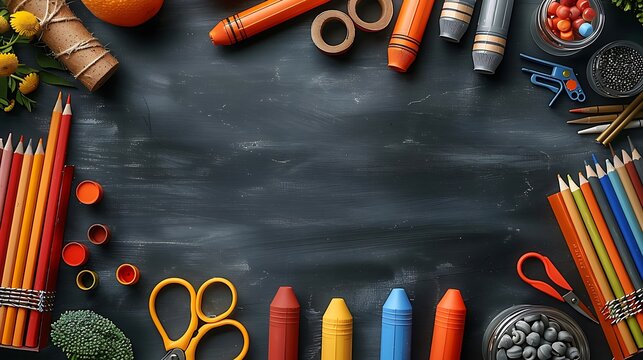 A seamless pattern of vibrant crayons, child-safe scissors, and glue sticks, arranged in a repeating, orderly design, with sharp details and a chalkboard background, hd quality,