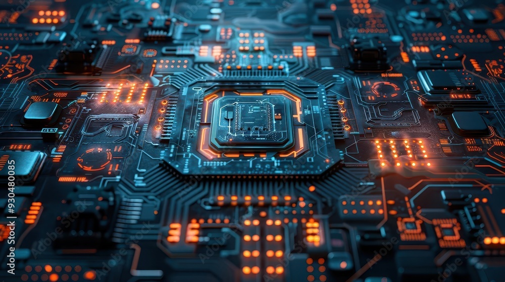 Aufkleber close-up view of a futuristic microprocessor on a circuit board, showcasing intricate details and vi