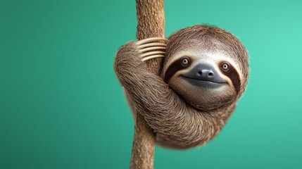 Fototapeta premium A 3D sloth hanging from a branch with a soft pastel background on the right, symbolizing the slow and steady life of zoo animals