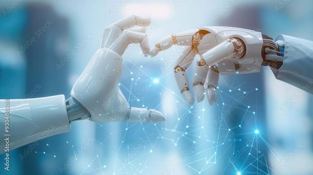 Poster a close-up view of a robotic hand reaching out to touch another hand, symbolizing the connection bet