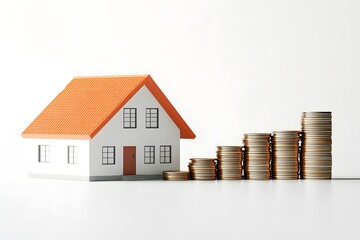 Coins and a house model, representing the property ladder, mortgage, and real estate investment concepts.
