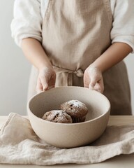 Fototapeta premium Three Generations of Women, Baking Chocolate Muffins in a Cozy Kitchen, Morning Light, Joyful Family Bonding