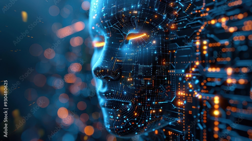 Poster futuristic digital face composed of glowing circuits and data, showcasing technology and artificial 