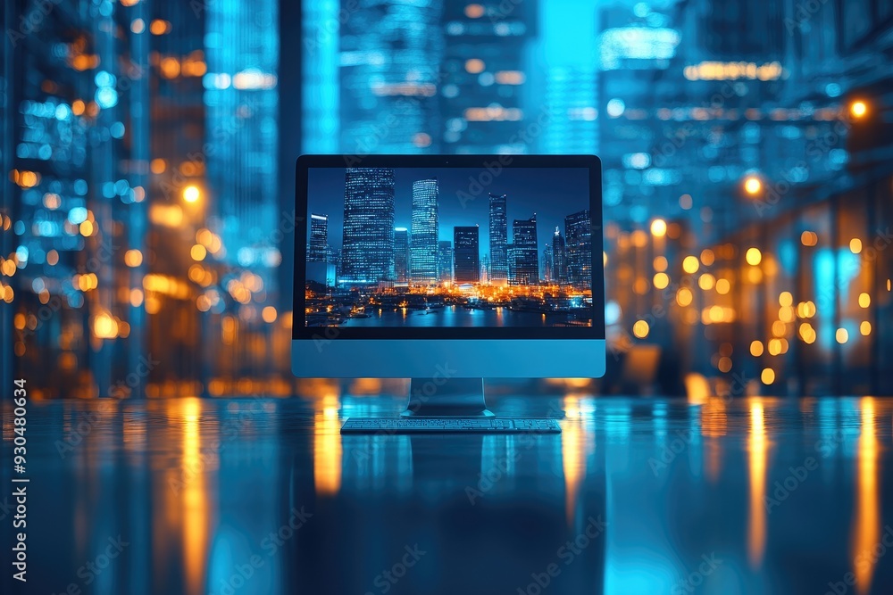 Poster modern desktop computer displaying a nighttime cityscape