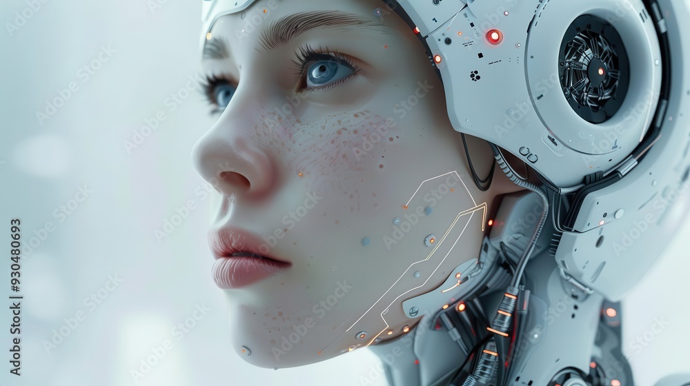 Poster futuristic robot profile showcasing advanced technology and human-like features, emphasizing the ble