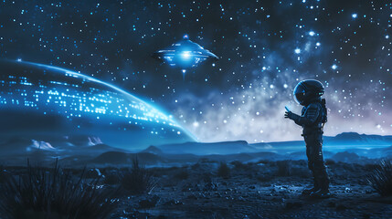 Obraz premium A alien standing on a planet contacting with his spaceship with special device which is looking like a mobile.