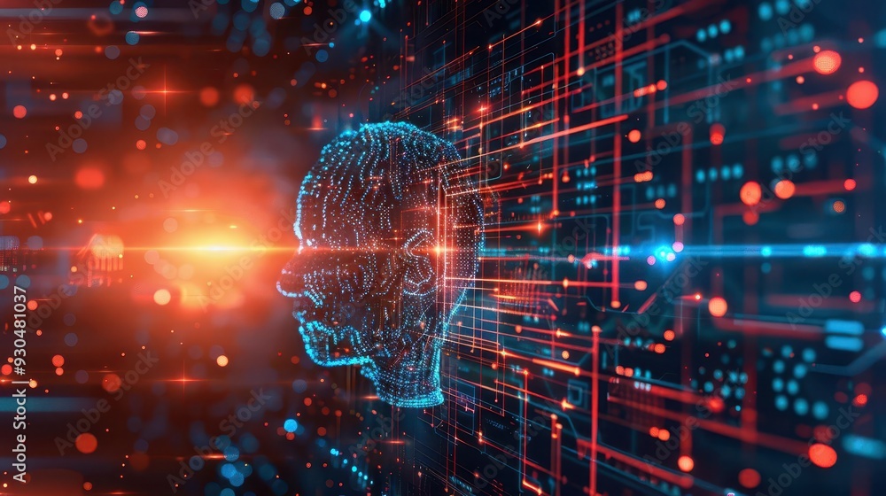 Poster a digital representation of a human head with abstract data streams, illustrating the fusion of tech
