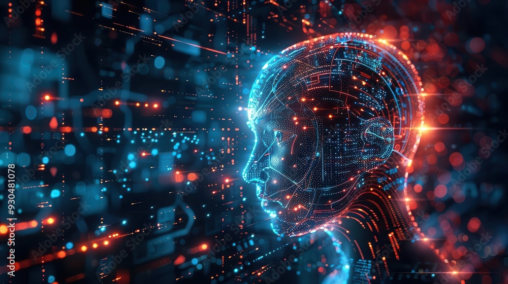 Poster futuristic digital representation of a human head with glowing circuits and data streams, symbolizin