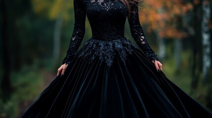 Fototapeta premium Enchanting Gothic sorceress costume, featuring a flowing black velvet gown with intricate lace details and dark, mystical accessories