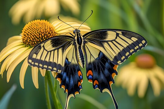 A vibrant yellow and black swallowtail butterfly.