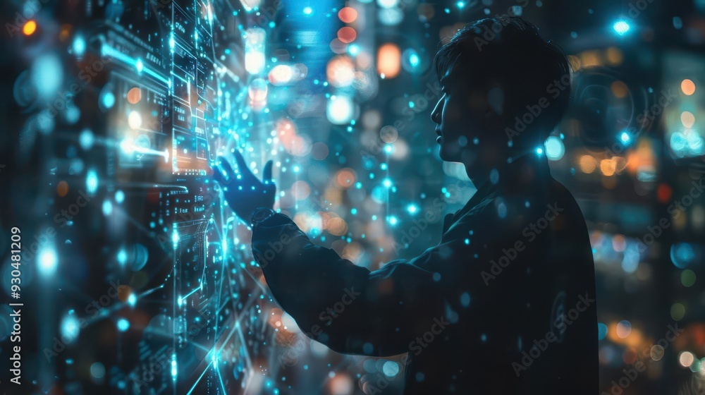 Poster a person interacts with glowing digital data, exploring technology and innovation in a futuristic en