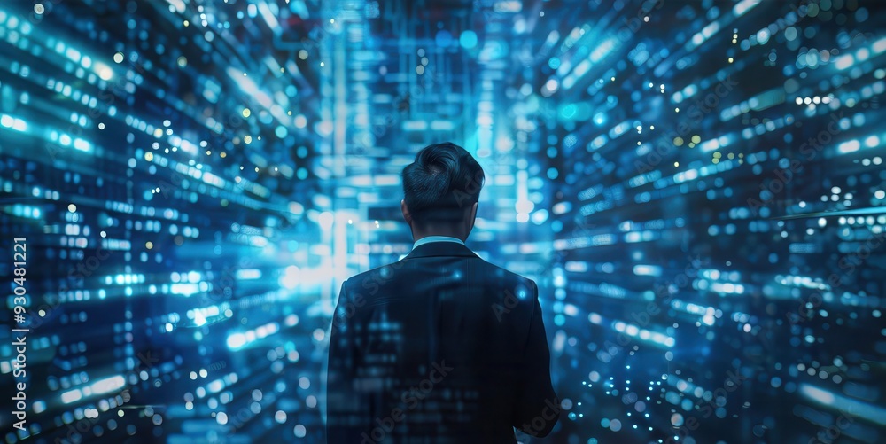 Poster a person standing in a digital environment, surrounded by vibrant data streams, symbolizing technolo