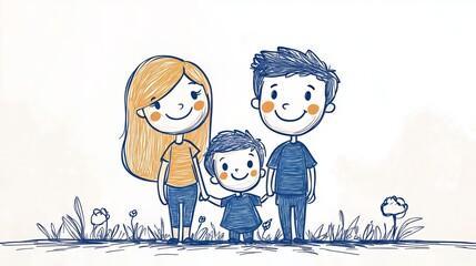 Fototapeta premium A hand-drawn sketch of a happy family consisting of two adults and one child standing together outdoors among flowers