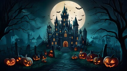 Insane Halloween palace graveyard scene. Tormenting bad dream hallowenbackground. Computerized craftsmanship painting for book illustration,background backdrop,
Halloween Concept.