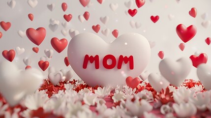 A heart-shaped decoration with "MOM" surrounded by smaller hearts and flowers for Mother's Day.