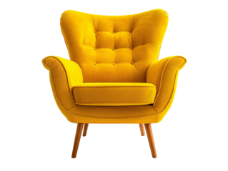 a yellow chair with wooden legs