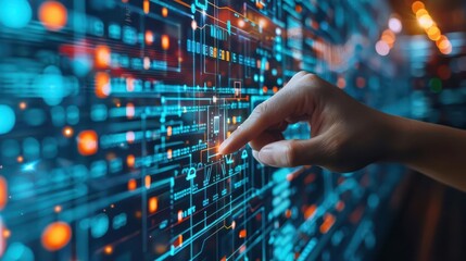 A close-up view of a hand interacting with a digital interface, showcasing technology and connectivity in a vibrant environment.