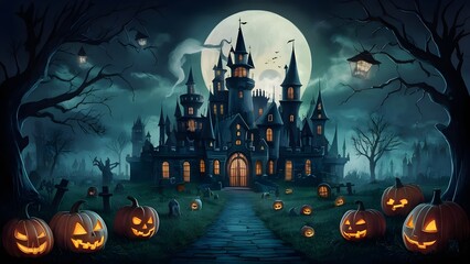 Insane Halloween palace graveyard scene. Tormenting bad dream hallowenbackground. Computerized craftsmanship painting for book illustration,background backdrop,
Halloween Concept.