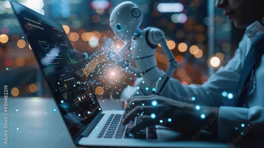 Poster a futuristic scene depicting a person coding on a laptop with a robot companion, illuminated city li