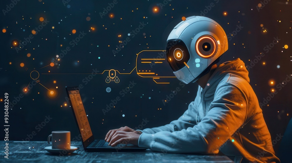 Poster a futuristic figure with a robotic helmet engages with tech on a laptop, symbolizing innovation and 
