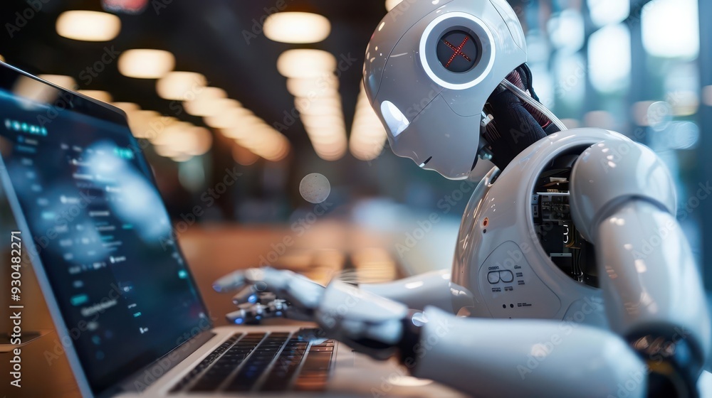 Poster a futuristic robot working on a laptop in a modern office, showcasing technology and innovation in a