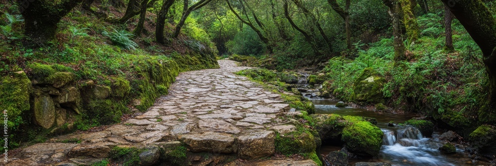 Sticker Tranquil Stone Path Through Lush Forest - A picturesque scene showcasing a stone path winding through a verdant forest, with a babbling brook flowing alongside, symbolizing serenity, nature's beauty, 