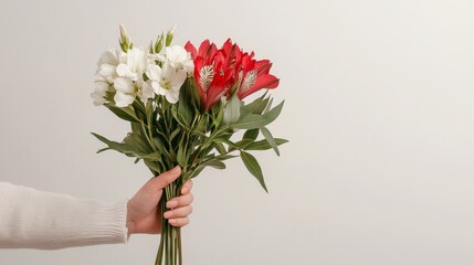 Fototapeta premium Female Hand Holding Minimalist Floral Arrangement of Red and White Alstroemerias with Green Leaves Against Soft White Background, Bright Diffused Lighting, Daytime, Calm Mood