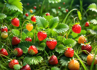 Small beautiful wild strawberries growing in the grass of the forest.