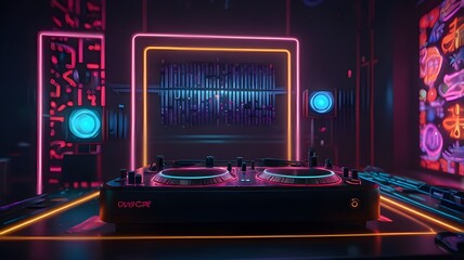 Obraz premium Abstract neon DJ booth with neon background wallpaper
