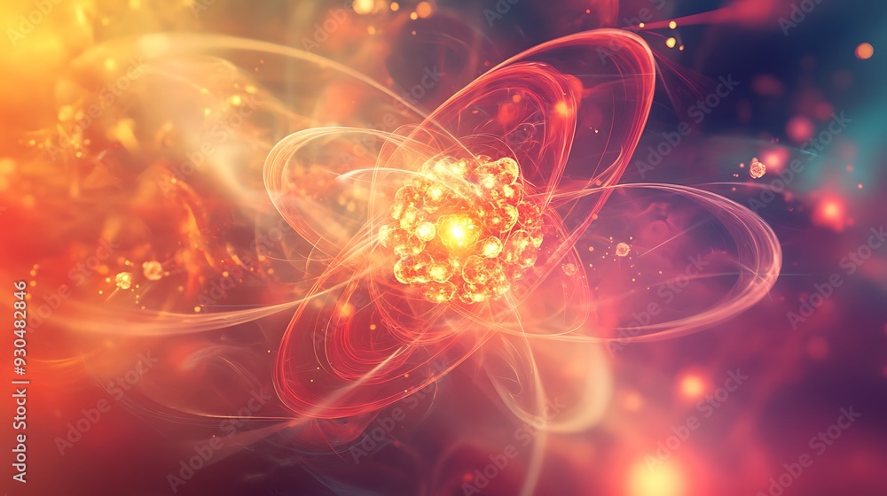 Poster abstract atomic structure with glowing orbits and particles