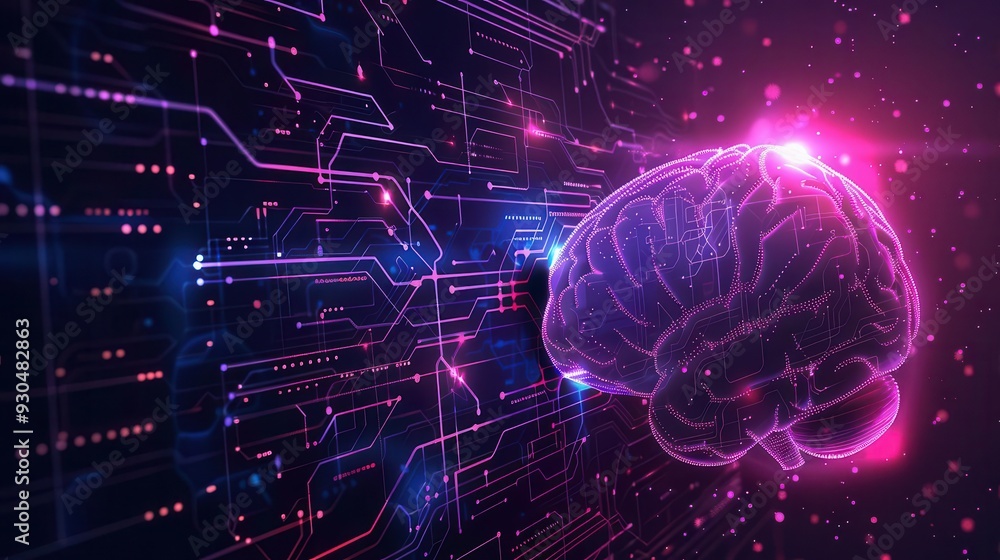 Poster a vibrant illustration of a brain merged with digital circuitry, showcasing the fusion of technology