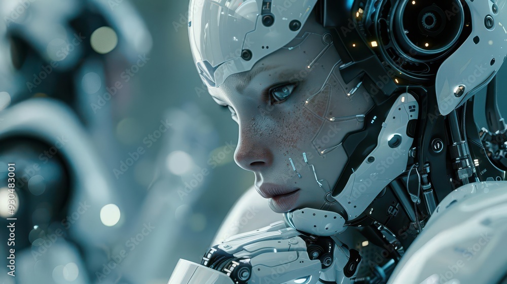 Poster a futuristic robotic figure with intricate designs and a contemplative expression, symbolizing advan
