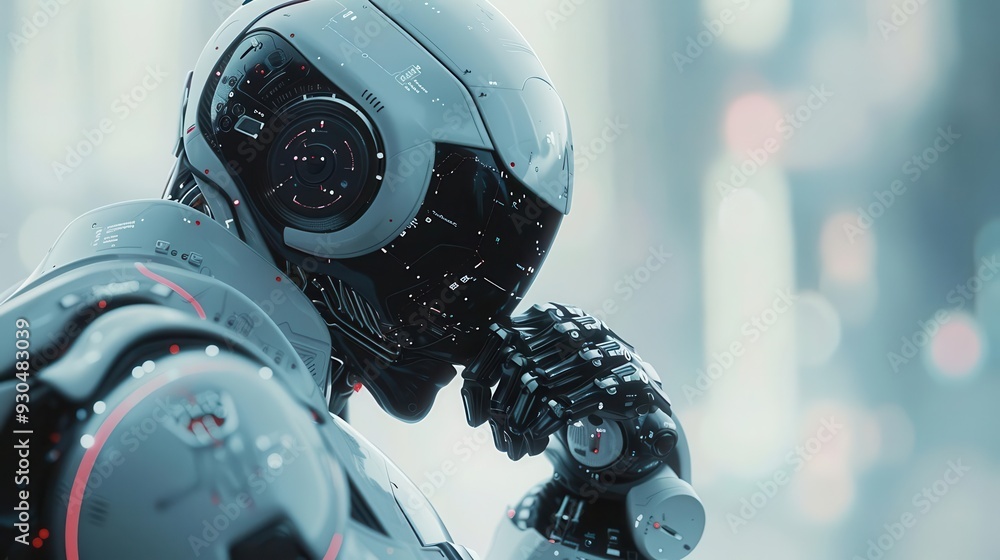 Poster a futuristic robot in deep thought, showcasing advanced technology and intricate design in a vibrant