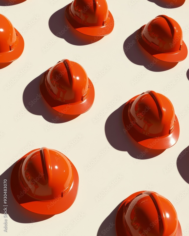 Poster bright red fireman helmets on soft white background, repeated pattern with shadows, evoking sunny da