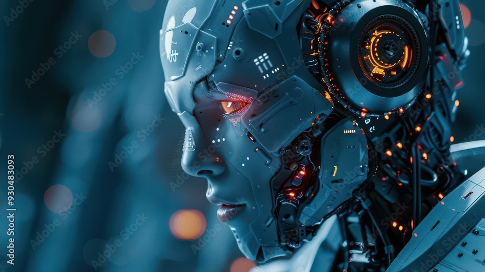Poster a futuristic robot with intricate details and glowing elements, showcasing advanced technology and d