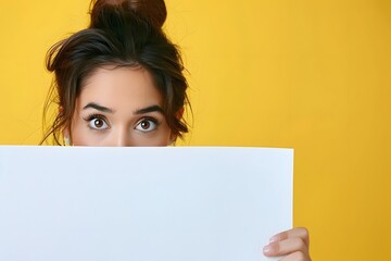 Fototapeta premium Woman Peeking Over White Paper Sign Yellow Background